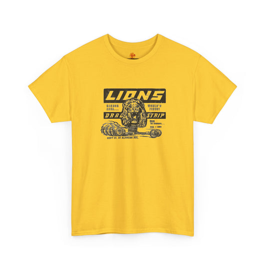 Once Upon a Time in Hollywood Lions Drag Strip t-shirt featuring a vintage drag racing design inspired by the 2019 Quentin Tarantino movie.